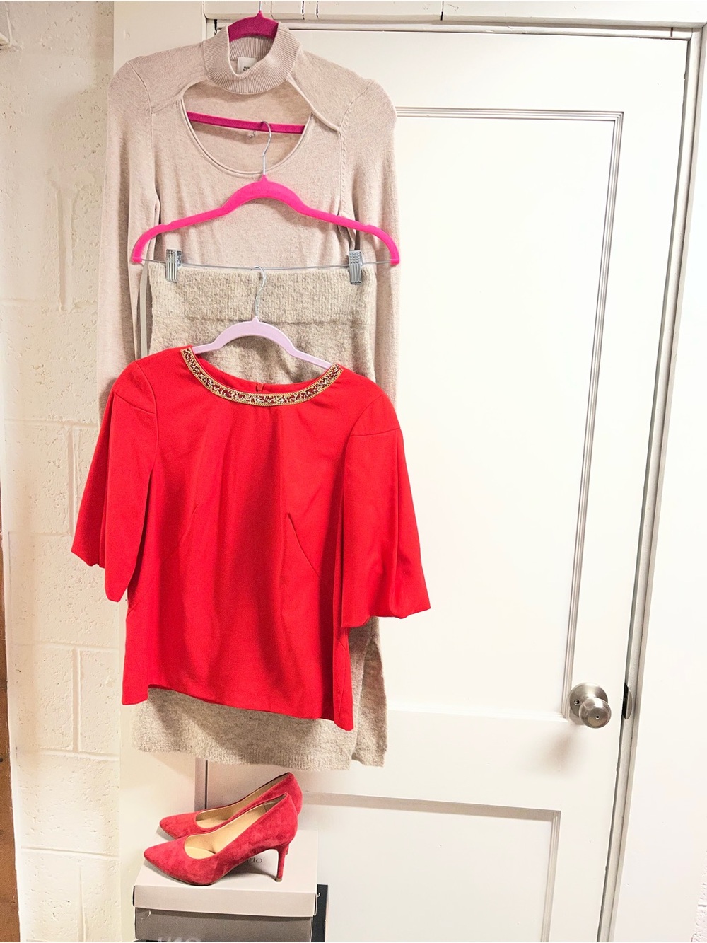 4 pc Red Embellished top/long sleeve top/Suede Red Heels/sweater skirt